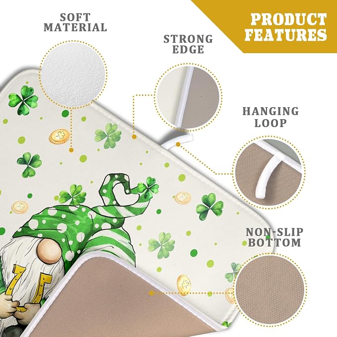 St Patrick's Day Gnome Dish Drying Mat 16x18 inch Lucky Shamrock Absorbent - Image 4