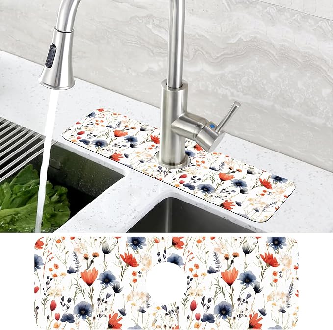 Watercolor Red and Blue Flowers Sink Faucet Absorbing Mat Sink Splash Guard - Image 4
