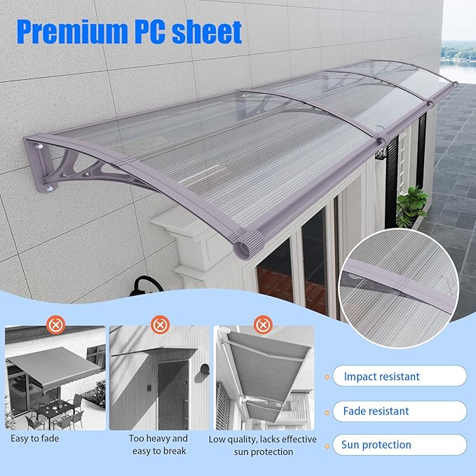 Awning for Door Entrance with Drainage Sink,32x120 Inch Awnings for Doors,Window Canopy Exterior with Plastic Steel Bracket,Polycarbonate Cover,UV,Rain,Snow Protection for House,Porch,Patio,Deck