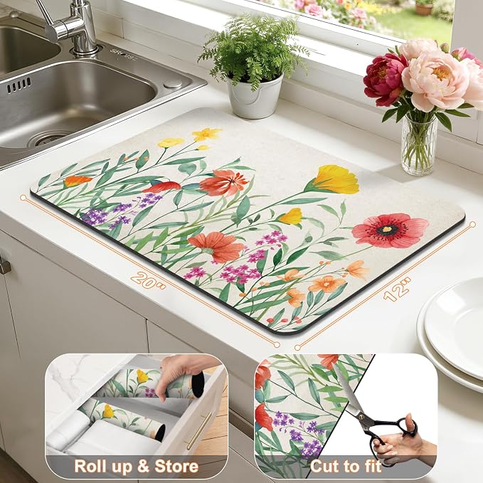 LOKHOM 12"x20" Dish Drying Mat，Colorful Floral Coffee Mat | Ultra Absorbent - Image 2