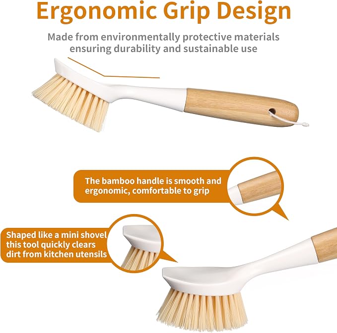 2 Pack Kitchen Dish Brush Bamboo Handle Dish Scrubber Built-in Scraper | Scrub - Image 4