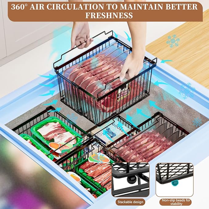 Large Freezer Organizer Bins，Upgraded Bottom Leak-Proof net，Fit 5 to 9 Cu Ft Chest Freezer，6 Pack， Expandable Stackable Chest Freezer Containers with Handle (Black-6P)