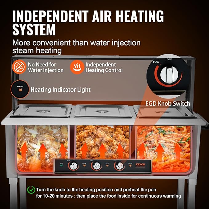 VEVOR 3-Pan Commercial Food Warmer, 3 x 20.6QT Electric Steam Table, 1500W Professional Buffet Catering Food Warmer with Acrylic Sneeze Guard, Food Grade Stainless Steel Server for Party Restaurant