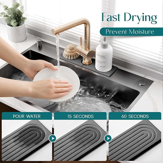 Diatomite Kitchen Faucet Mat - 14Inch Water Absorbing Stone Tray for Sink, Stone Fast-Drying Faucet Mat for Kitchen Counter Sink Accessories (Dark Grey, 14'' x 3.9'')