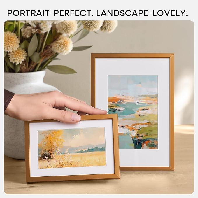 Homeforia 6x8 Picture Frame Bronze, High End Metal 6 x 8 Brass Frames with Mat 5 x 7 for Art, 6x8 Desk Frame Matted to 5x7 inch Photo, 6 by 8 Wall or Tabletop Frame, Tempered Glass, Wall Kit, Set of 3