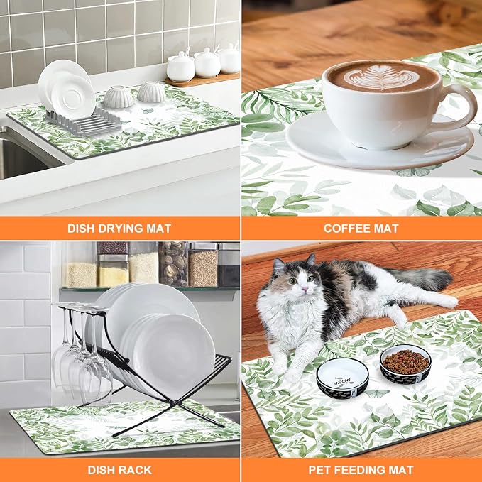LOKHOM 18"x24" Dish Drying Mat， Green Plant Coffee Mat | Floral Butterfly Prints - Image 5