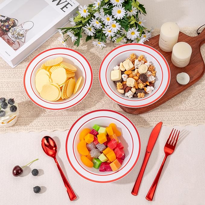 Goodluck 100 Pack Plastic Bowls with Red Rim, 12oz Disposable Soup Bowls, Heavy Duty Dessert Bowls for Weddings, Parties, Valentine's Day Dinners, Catering, Thanksgiving and Everyday Use