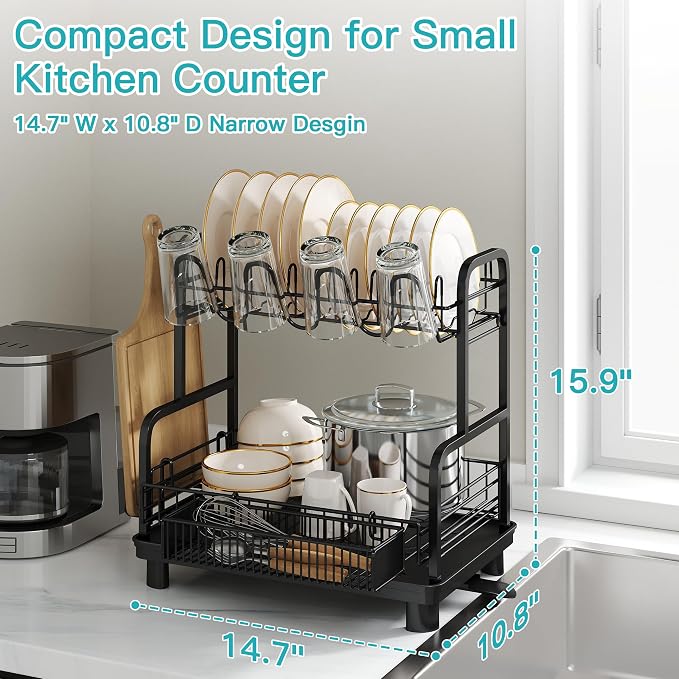 BOOSINY 2 Tier Black Dish Drying Rack and Drainboard - Image 6