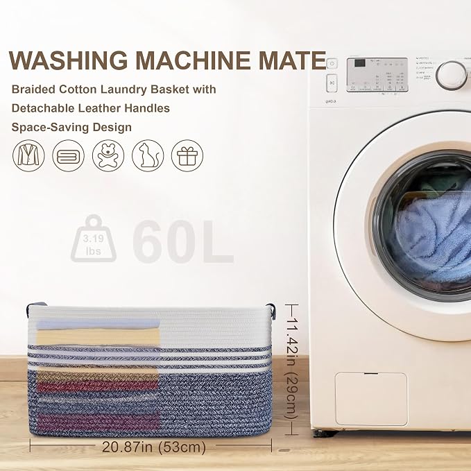 60L Woven Laundry Basket Hamper - Image 7