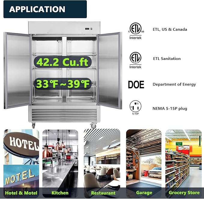54" W Commercial Refrigerator 2 Section, 2 Solid Door Stainless Steel Reach-in Refrigerator 42.2 Cu.ft, Upright Fan Cooling for Restaurant, Bar, Shop, Home, Business, Kitchen, ETL & DOE