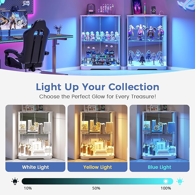 Corner Display Cabinet Set of 2 with Glass Doors, Small Display Case with 3-Color LED Lights and Charging Station, 2-Tier Curio Cabinet with Storage and Shelf, White