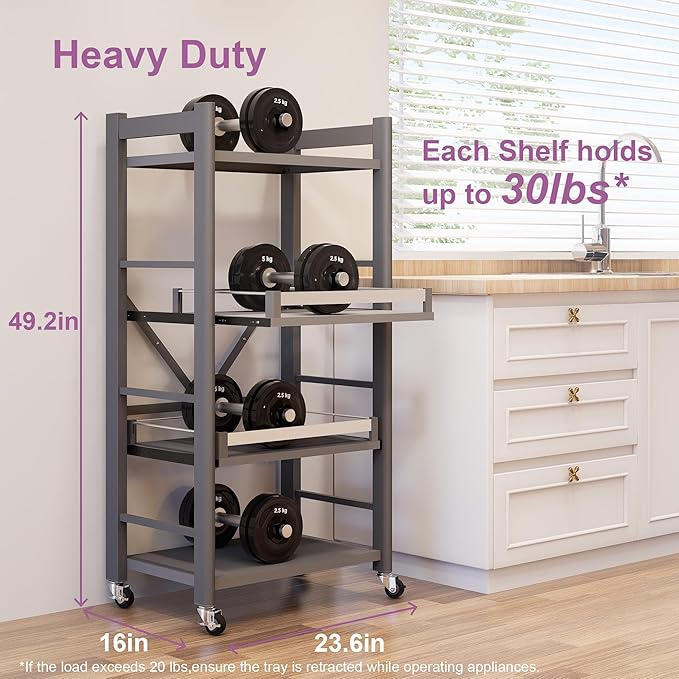 4-Tier Pull Out Kitchen Baker's Rack with Wheels, Heavy Duty Metal Microwave Stand with Storage, Adjustable Ktichen Shelves Freestanding, Rolling Utility Storage Cart (23.6''W x 49.2''H)