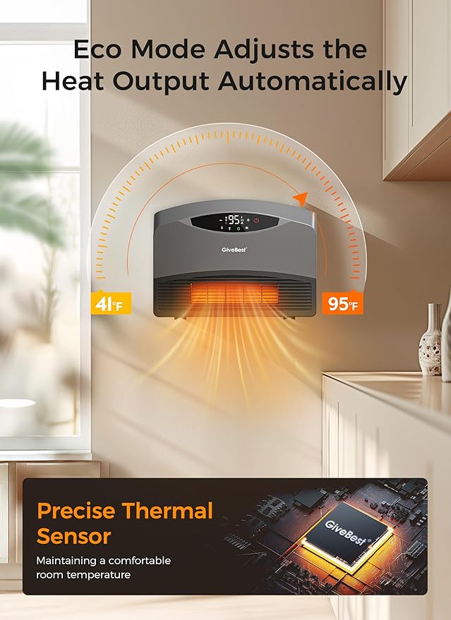 GiveBest Smart Wall Heater with WiFi and Remote Control, 1500W, Floor or Wall Mounted, 3 Heating Modes, Electric Heater with Thermostat for Living Room, Garage, Grey