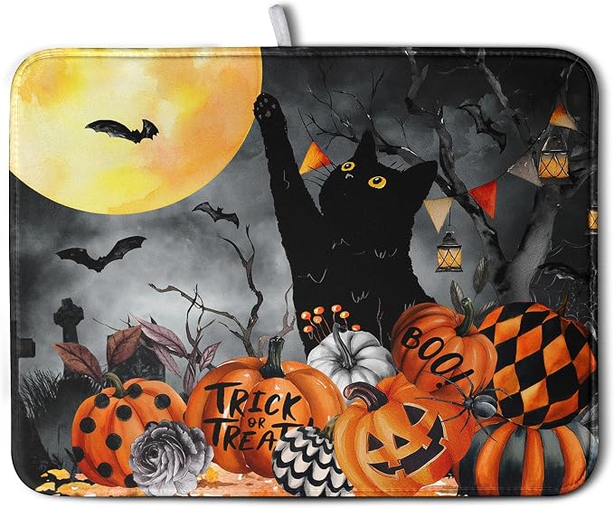 Halloween Black Cat Pumpkin Dish Drying Mat by Kwlegh