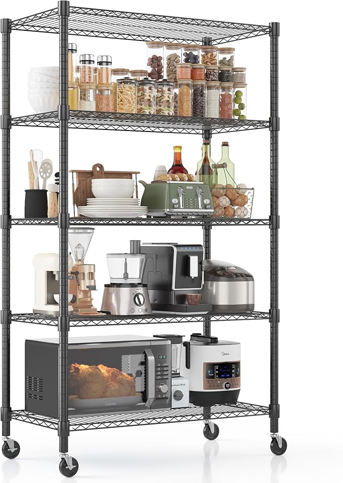 Homdox Heavy Duty Storage Shelves, 5 Tier Wire Shelving Unit with Wheels, Commercial Adjustable Metal Shelves for Storage, Garage Rack Pantry Shelves Kitchen Shelving, 18"x36"x82", Black