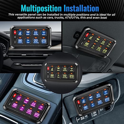 RGB 8 Gang Switch Panel,12-24V Bluetooth APP 230FT 433MHZ Long Range, Auxiliary Backlit Off Toggle Flash Multifunction Toggle Switch Momentary Circuit Control Relay System Box Universal for Car