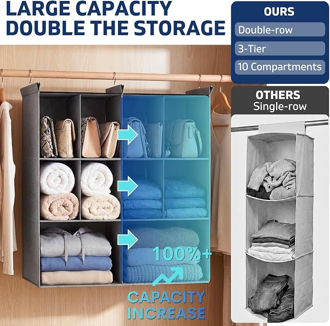 3 Tier Hanging Closet Organizer, 10 Compartments Dual Row Storage, 3 Sturdy - Image 3