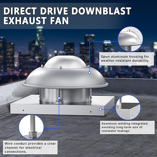 Roof Mounted Downblast Exhaust Fan Direct Drive Axial Exhaust Fan -19" Fan Base, 1/30 HP 500 CFM 115 Volt Single Phase Motor