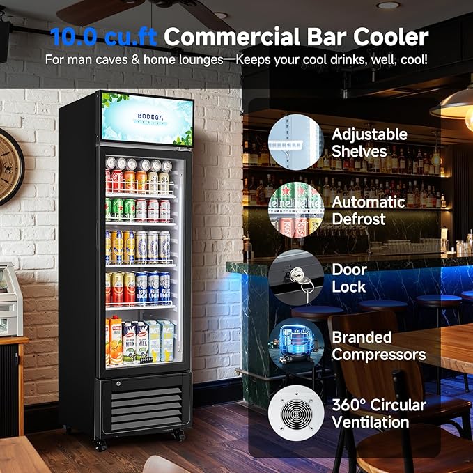BODEGACOOLER Beverage Refrigerator and Cooler, 10.0 Cu.Ft. Commercial Refrigerator For Home & Kitchen, Office and Garage, Display Refrigerator with Adjustable Shelves and LED Light For Beer, Soda.