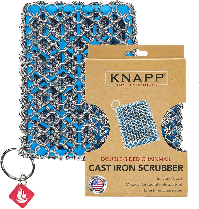 Knapp Made Combo Chainmail Cast Iron Scrubber with Silicone Core - Heavy Duty Rings and Fine Chainmail Rings -Premium Cleaner -Perfect for Cast Iron Cookware,Skillet,Woks