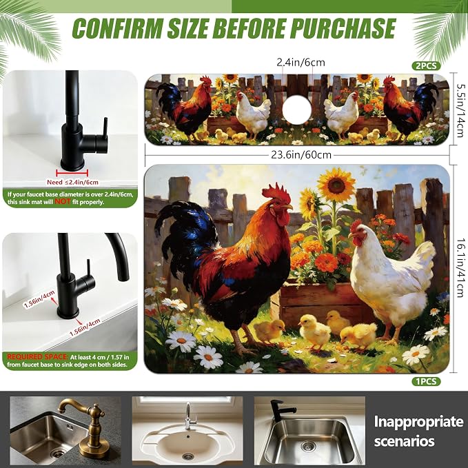 3 Pcs 2 Size Kitchen Sink Splash Guard Faucet Mat Farm Chicken Pattern Faucet - Image 2