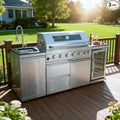 82 Inches 6-Burner 85000 BTU Deluxe Stainless Steel Propane Gas Outdoor Kitchen Bar Barbecue Island Grill with Wine Cooler, Compact Refrigerator, Rotisserie, Granite Countertops & Storage, Silver