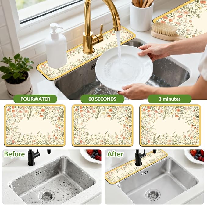 3 Pcs 2 Size Kitchen Sink Splash Guard Faucet Mat Watercolor Floral Frame - Image 4