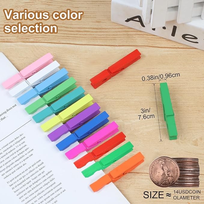 Phinus 72 Pcs Colorful Wooden Clothes Pins, 2.9 Inch 12 Colors Clothes Pins - Image 3