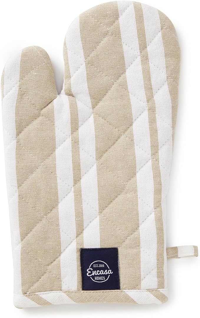 Encasa XO Long 12"x7" Oven Microwave Hand Gloves Mitts (2 pc Set) for Kitchen Cooking & Baking - Heat Resistant, Thick & Safe, Protection of Hands from Hot Utensils - Franca Beige Stripes