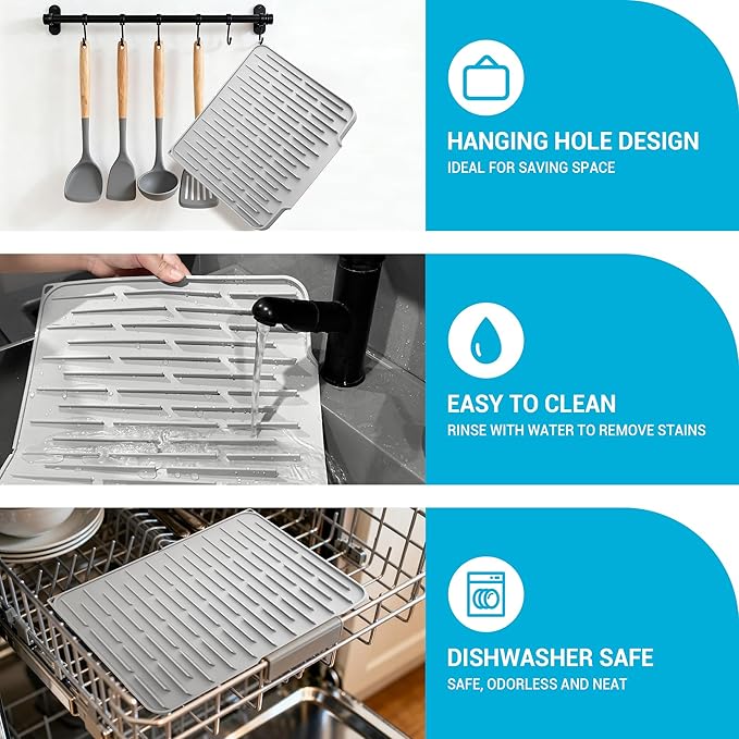 Silicone Dish Drying Mat for Kitchen Counter, Foldable & Heat Resistant Drying Pad with 5° Slope & Wide Drain, 15x12 Inch Non-slip Sink Mat for Bathroom and Countertop.(Light Grey）