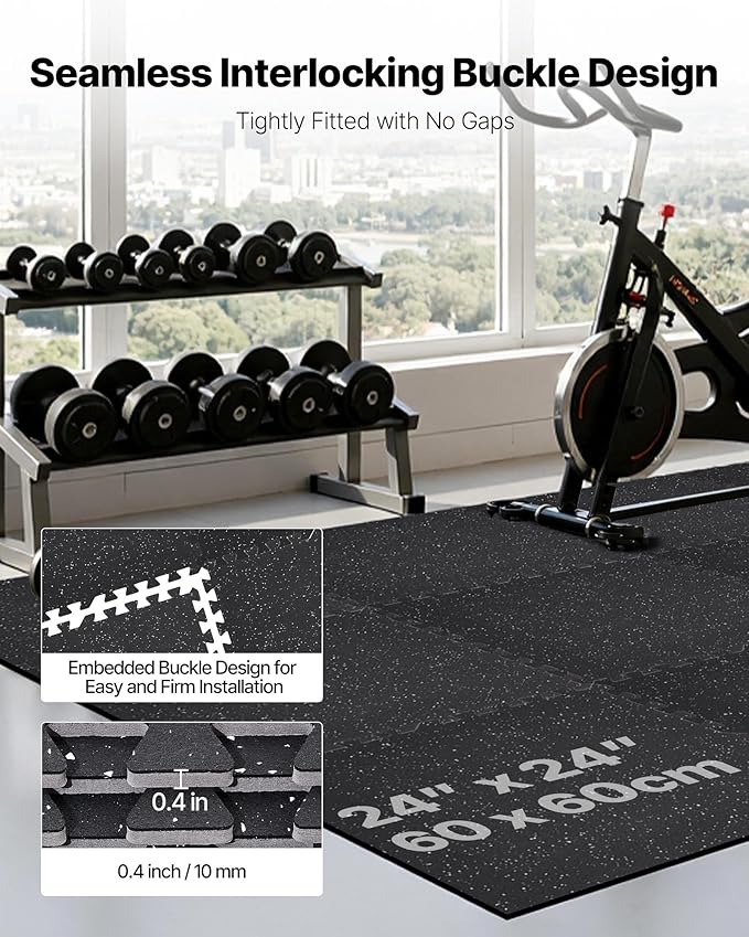 VEVOR 0.4Inch 48sq.ft 12 Tiles Gym Flooring for Home Gym, Rubber Top with High Density EVA Foam, 24 x 24In Gym Floor Exercise Equipment Mats, Interlocking Gym Mats, Puzzle Workout Mats, Black & White