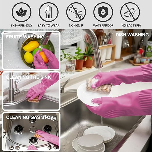 Mamison Rubber Dishwashing Gloves, Non-Slip Kitchen, 3 Pairs | Korean natural - Image 3