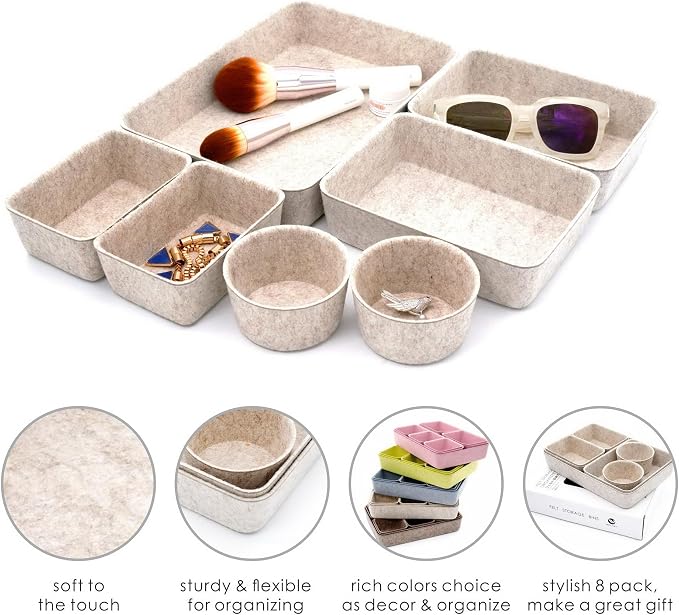 Welaxy 7pc Scandinavian Felt Desk Drawer Organizer Oatmeal Catchall Tray | - Image 6