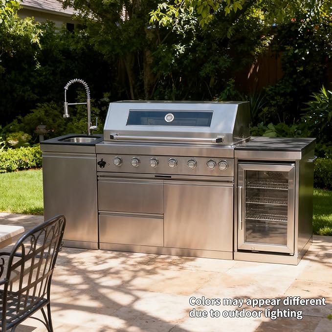 82 Inches 6-Burner 85000 BTU Natural Gas Outdoor Kitchen Island with Grill with Wine Cooler, Compact Refrigerator, Rotisserie, Granite Countertops & Storage, Silver