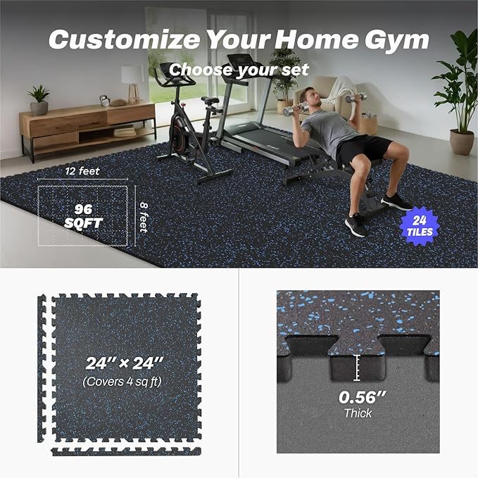 AIRHOP 0.56in Thick 96 Sq Ft Exercise Equipment Mats, 24Tiles Upgraded Rubber Top with High Density EVA Foam, Large Interlocking Puzzle Gym Flooring for Home Gym, Heavy Weight Workout, Black & Blue