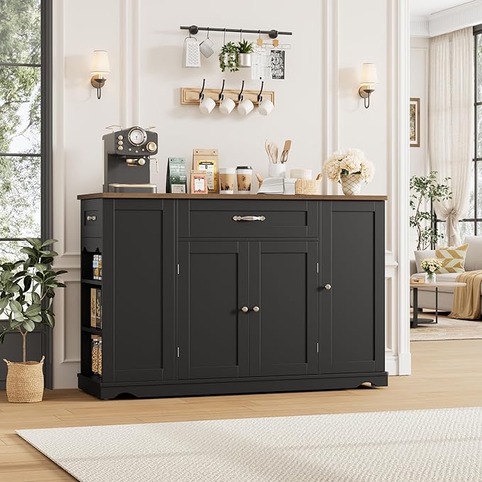 HOSTACK Kitchen Island Cart with Storage, 47'' Kitchen Storage Island on Wheels with 2 Drawers, Rolling Island Table with Adjustable Shelves, Mobile Buffet Sideboard Cabinet for Dining Room, Black