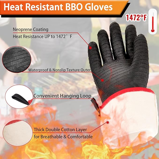 BBQ Gloves - 1472°F Thicken Heat Resistant Gloves w/S-Hook 14 in Kitchen Oven Mitts Waterproof Grill Glove Oil Resistant Grilling Glove Cooking Gloves for Turkey Fryer/Baking/Oven/Smoker