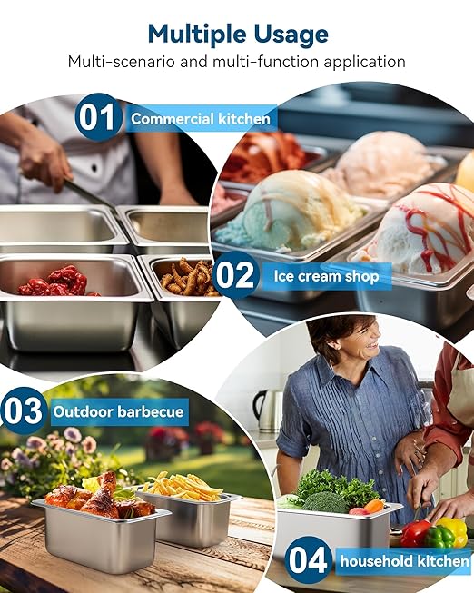 8 Pack Hotel Pans with Lids, 1/4 Size 6" Deep Stainless Steel Steam Table Pan 22 Gauge Anti Jam Commercial Catering Food Pans for Hotel, Home, Party, Restaurant, Buffet