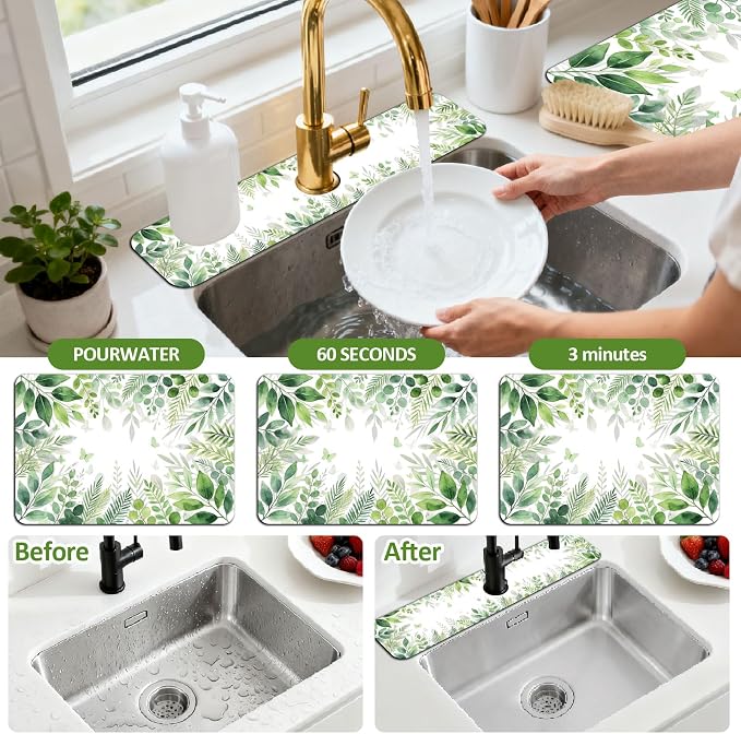 3 Pcs 2 Size Kitchen Sink Splash Guard Faucet Mat Watercolor Leaves Pattern - Image 4