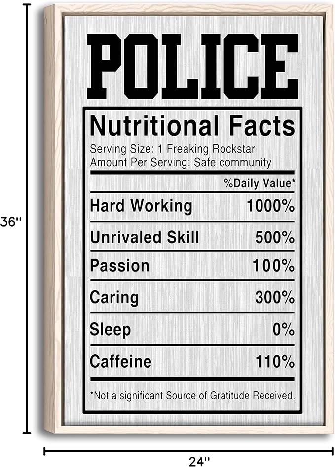 Police Poster & Framed Canvas, Police Nutritional Facts - Funny Home Office Decor, Bedroom Living Room Aesthetic Wall Art Gift For First Responder, Peace Officer, Policeman, Policemen