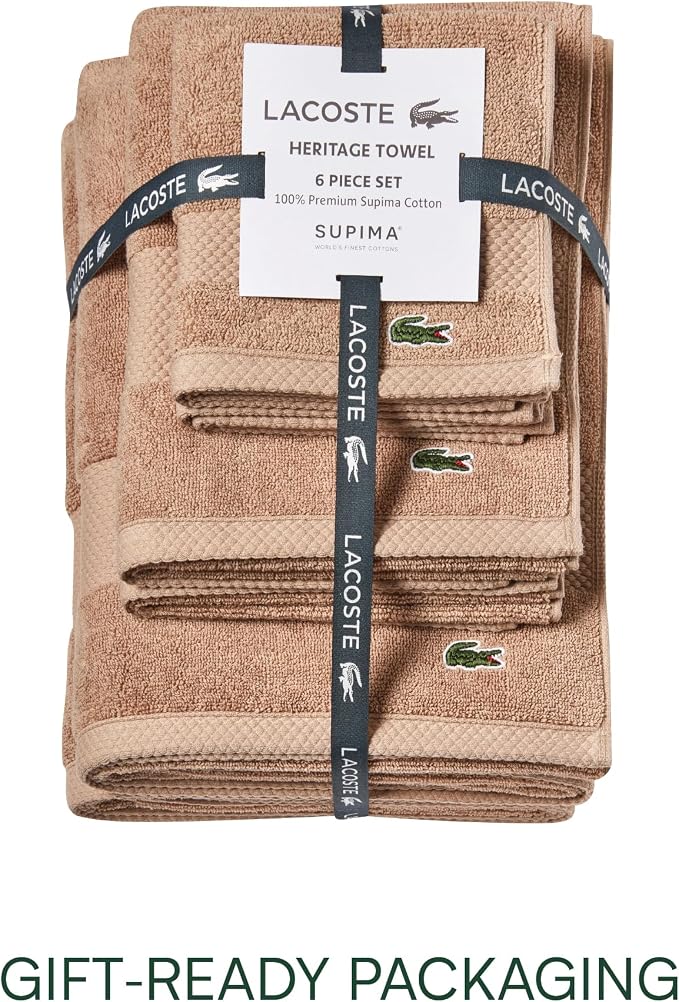 Lacoste Heritage Supima Cotton 6-Piece Towel Set, Sand | Highly Absorbent - Image 5