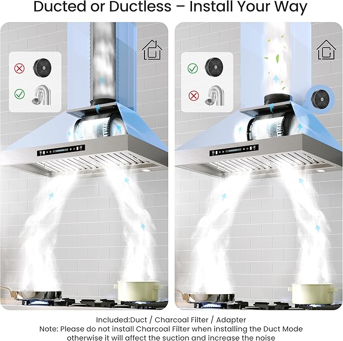 IKTCH 36 inch Black Wall Mount Range Hood, 900 CFM Ducted/Ductless Stainless Steel Vent Hood with Gesture Sensing & Touch Control Switch Panel, 2 Pcs Adjustable Lights