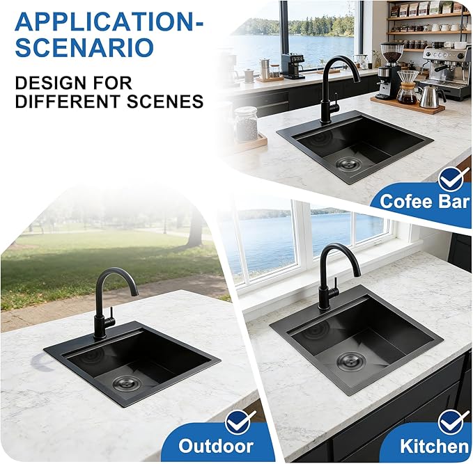 Scamall 17x19x9 Drop In Kitchen Sink Workstation, Nano Black 304 Stainless Steel Deep Single Bowl with Quick Drainage & Tarnish-Free Surface for Bar, Laundry, RV, Includes Accessories