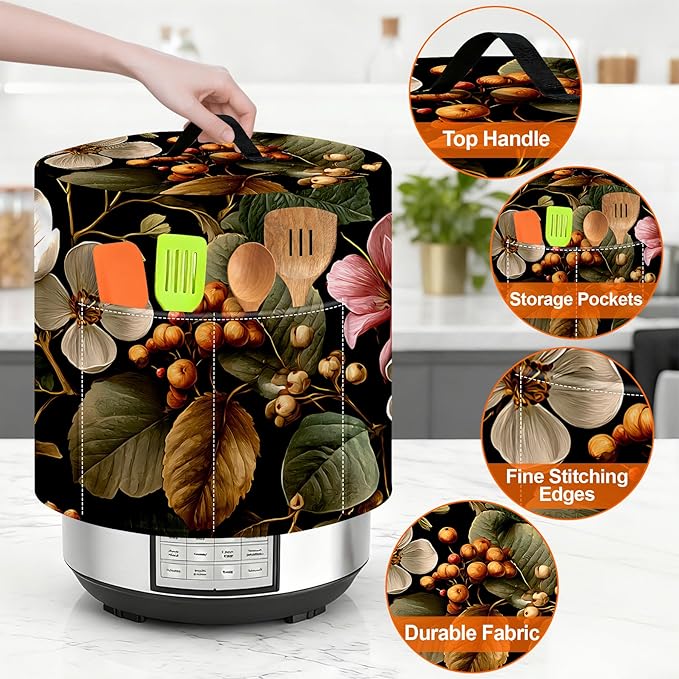 Kitchen Appliance Accessories Dust Cover for 3-6-8 Quart Instant Pot, Pressure Cooker, Air Fryer & Crock Pot,Decorative Appliance Cloth Cover with Top Handle & Storage Pockets (White flower, 3 Quart)