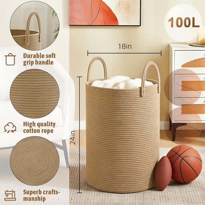 Artfeel Laundry Basket, Woven Cotton Rope Laundry Hamper, 100L - Image 6
