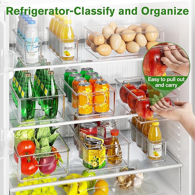 5 Pack Fridge Organizer Bins, Freezer Organizer Clear Stackable Storage Bins with Handles for Pantry, Cabinets, Kitchen, Home Organization Must Haves