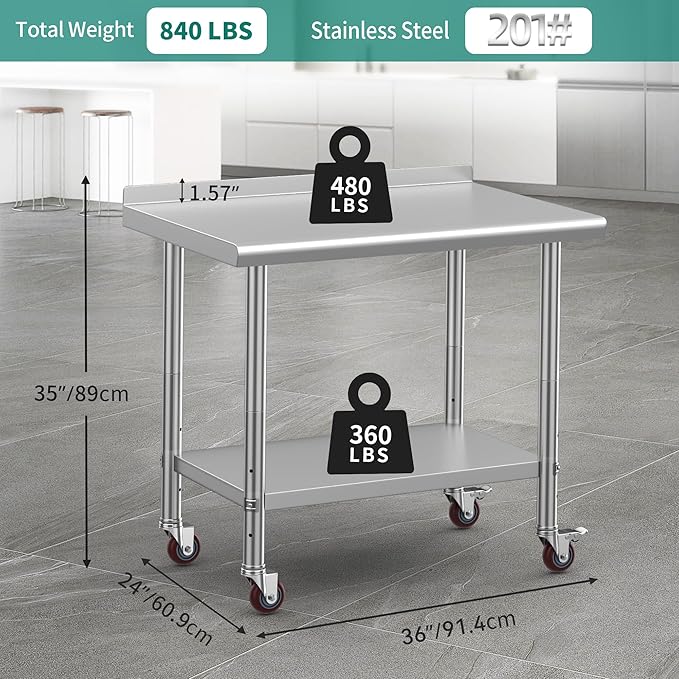 YITAHOME 36" x 24" Stainless Steel Table with Wheels for Prep & Work with Backsplash, NSF Metal Table Prep Table with Undershelf for Home Kitchen Restaurant Garage Warehouse