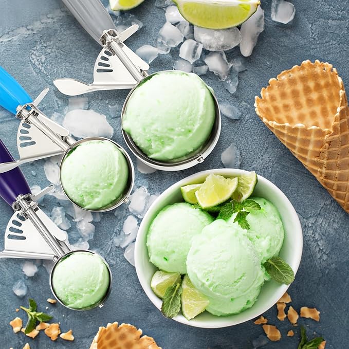 3 Pcs Release Cookie Scoops Ice Cream Scooper with Trigger Release Portion Scoop Stainless Steel for Portion Control, Baking Food, Cookie Dough (4 Oz+2 Oz+1 oz,Gray,Blue,Purple)
