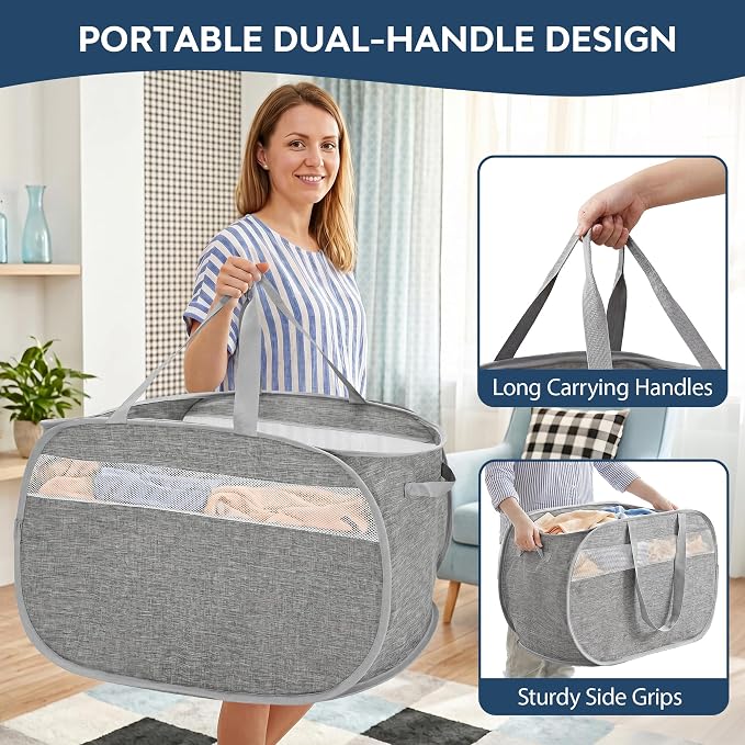 100L Collapsible Laundry Baskets, Foldable Dual Handles Laundry Hamper Grey | - Image 5