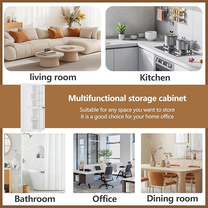63" Tall Metal Corner Kitchen Pantry Cabinet, Steel Storage Cabinets with 4 Doors and 3 Shelves, Kitchen Food Cabinets with 6 Door Panel Shelves, Farmhouse Cupboard for Kitchen Dining, White